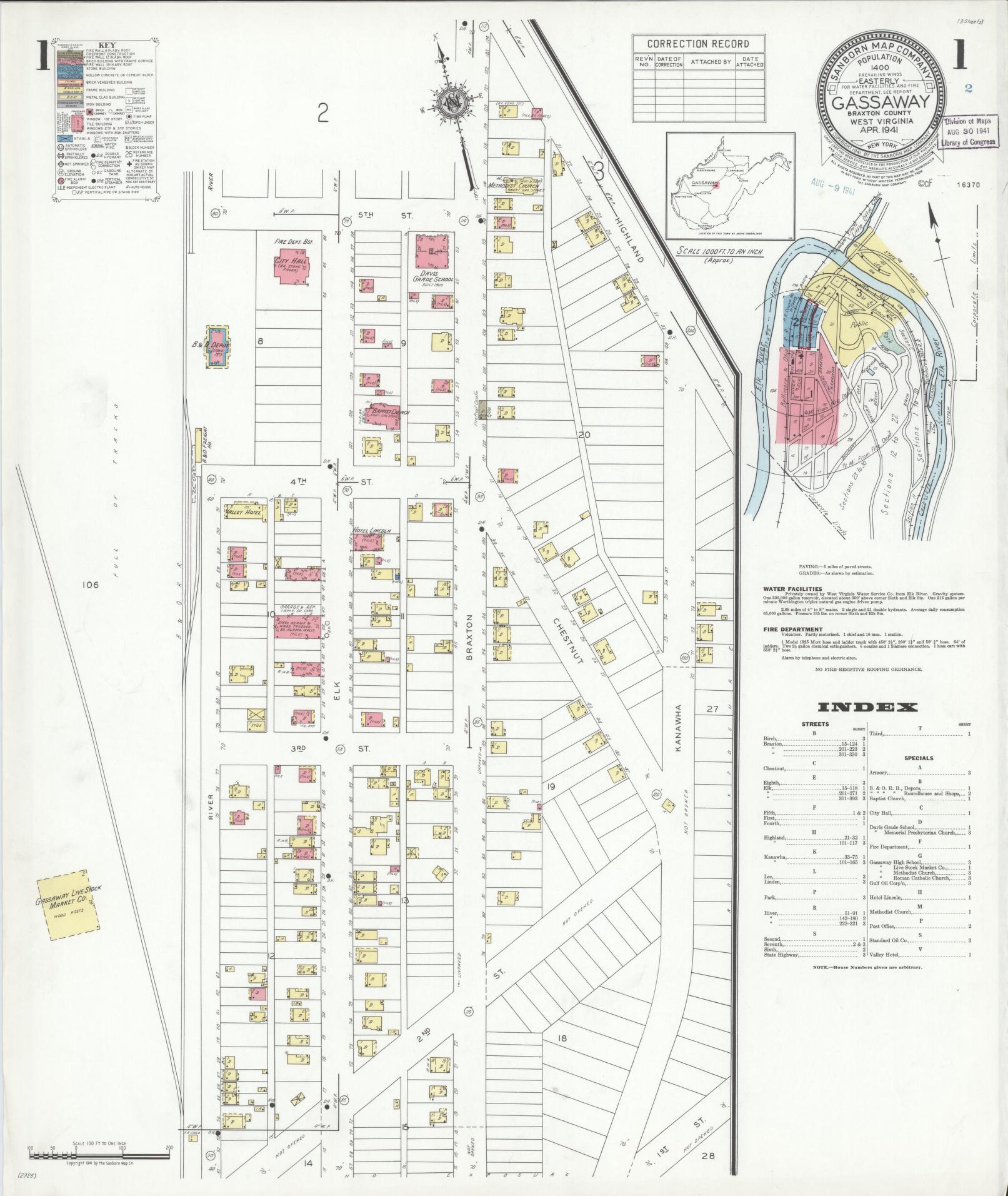 Sanborn Fire Insurance Map from Gassaway, Braxton County, West Virginia (1941), Sheet #0001 - Historic Sanborn Fire Insurance Map Print, vintage old map wall art, antique decor, genealogy gift, West Virginia West Virginia map
