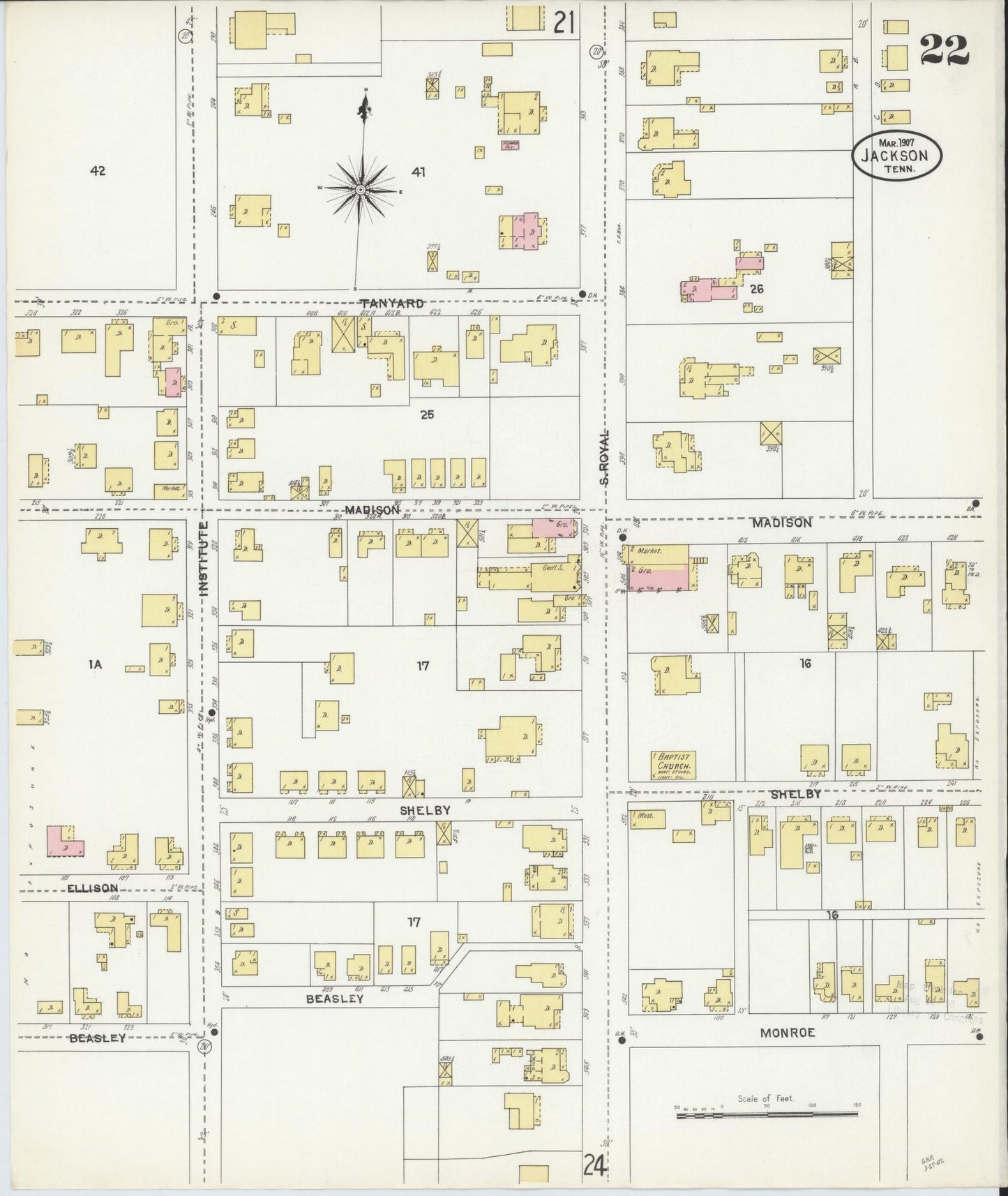 Sanborn Fire Insurance Map from Jackson, Madison County, Tennessee (1907), Sheet #0022 - Historic Sanborn Fire Insurance Map Print, vintage old map wall art, antique decor, genealogy gift, Tennessee Tennessee map