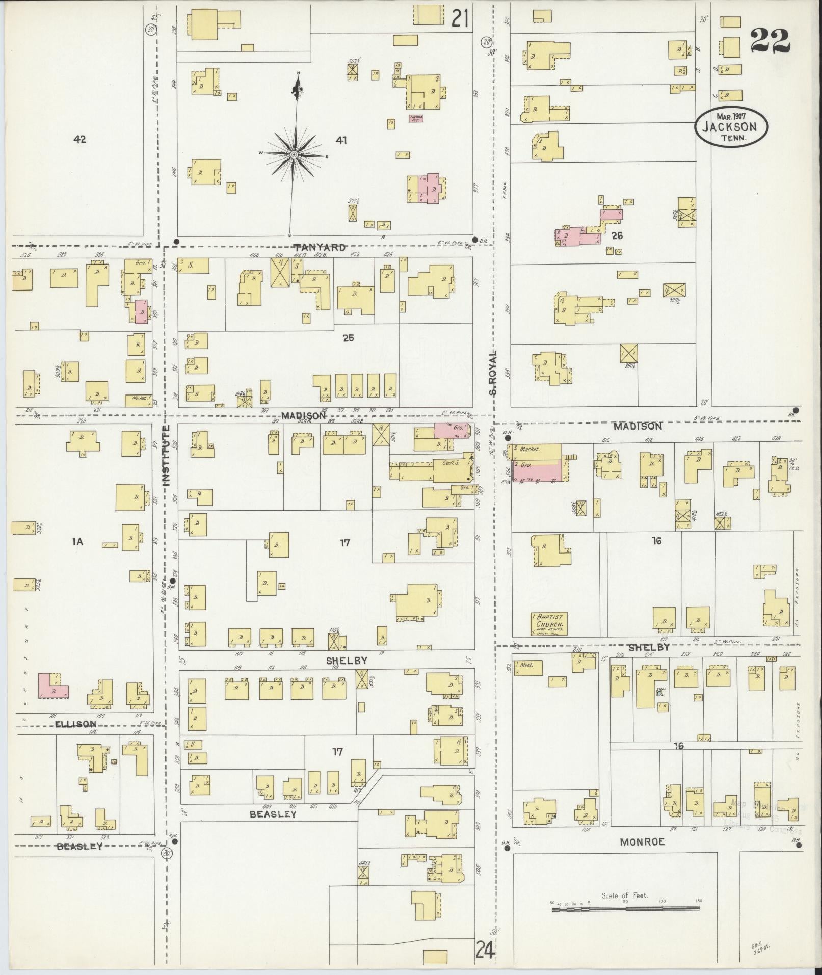 Sanborn Fire Insurance Map from Jackson, Madison County, Tennessee (1907), Sheet #0022 - Historic Sanborn Fire Insurance Map Print, vintage old map wall art, antique decor, genealogy gift, Tennessee Tennessee map