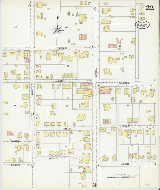 Sanborn Fire Insurance Map from Jackson, Madison County, Tennessee (1907), Sheet #0022 - Historic Sanborn Fire Insurance Map Print, vintage old map wall art, antique decor, genealogy gift, Tennessee Tennessee map