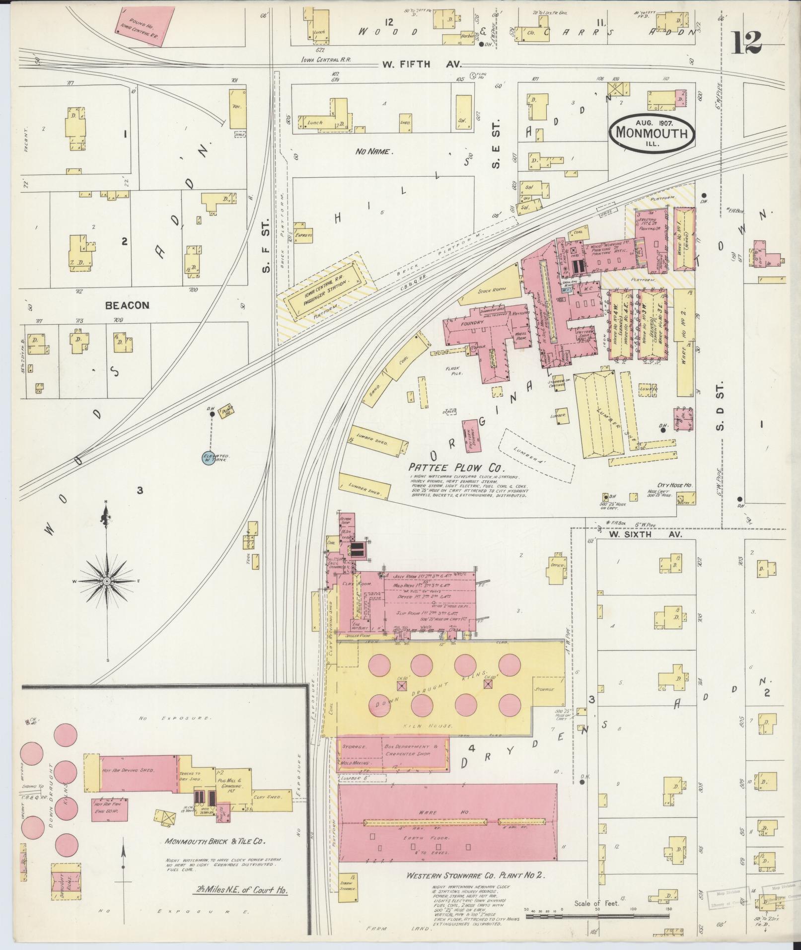 Sanborn Fire Insurance Map from Monmouth, Warren County, Illinois (1907), Sheet #0012 - Historic Sanborn Fire Insurance Map Print, vintage old map wall art, antique decor, genealogy gift, Illinois Illinois map