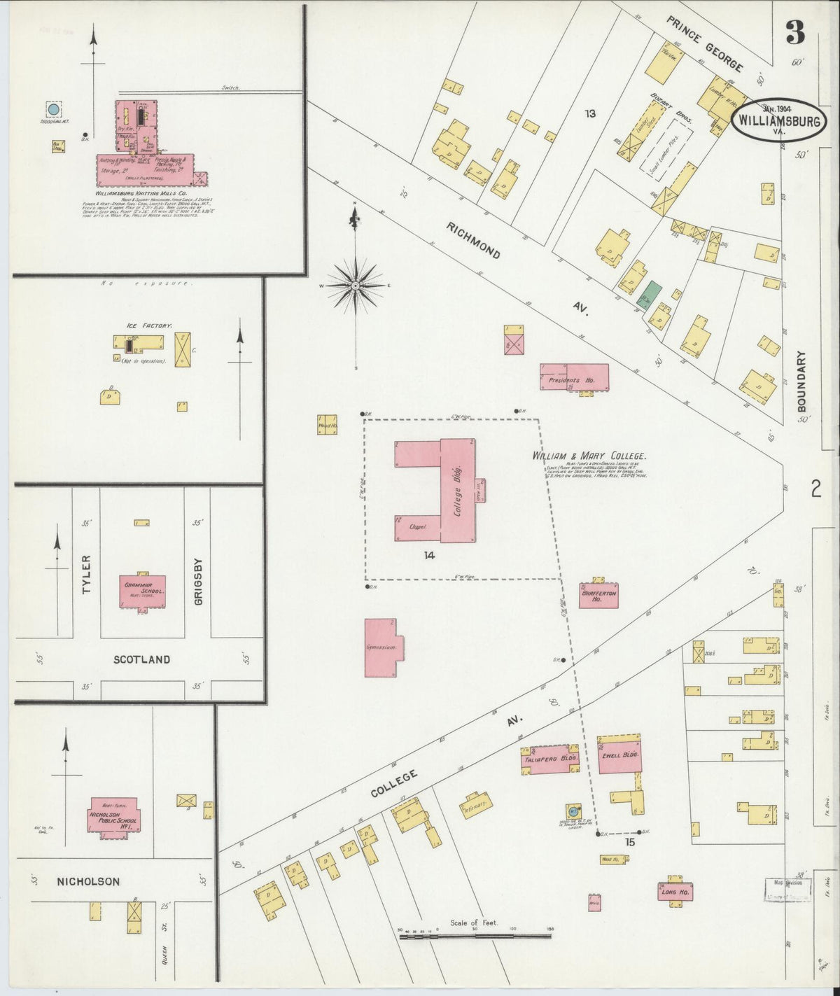 Sanborn Fire Insurance Map from Williamsburg, Independent Cities, Virginia (1904), Sheet #0003 - Complete Map Set gallery image, historic Sanborn map, vintage wall art, Virginia Virginia