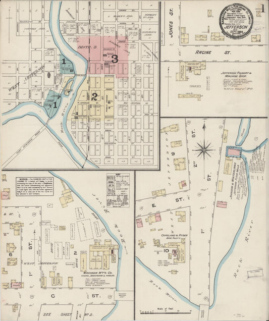 Sanborn Fire Insurance Map from Jefferson, Jefferson County, Wisconsin (1884), Sheet #0001 - Historic Sanborn Fire Insurance Map Print, vintage old map wall art, antique decor, genealogy gift, Wisconsin Wisconsin map