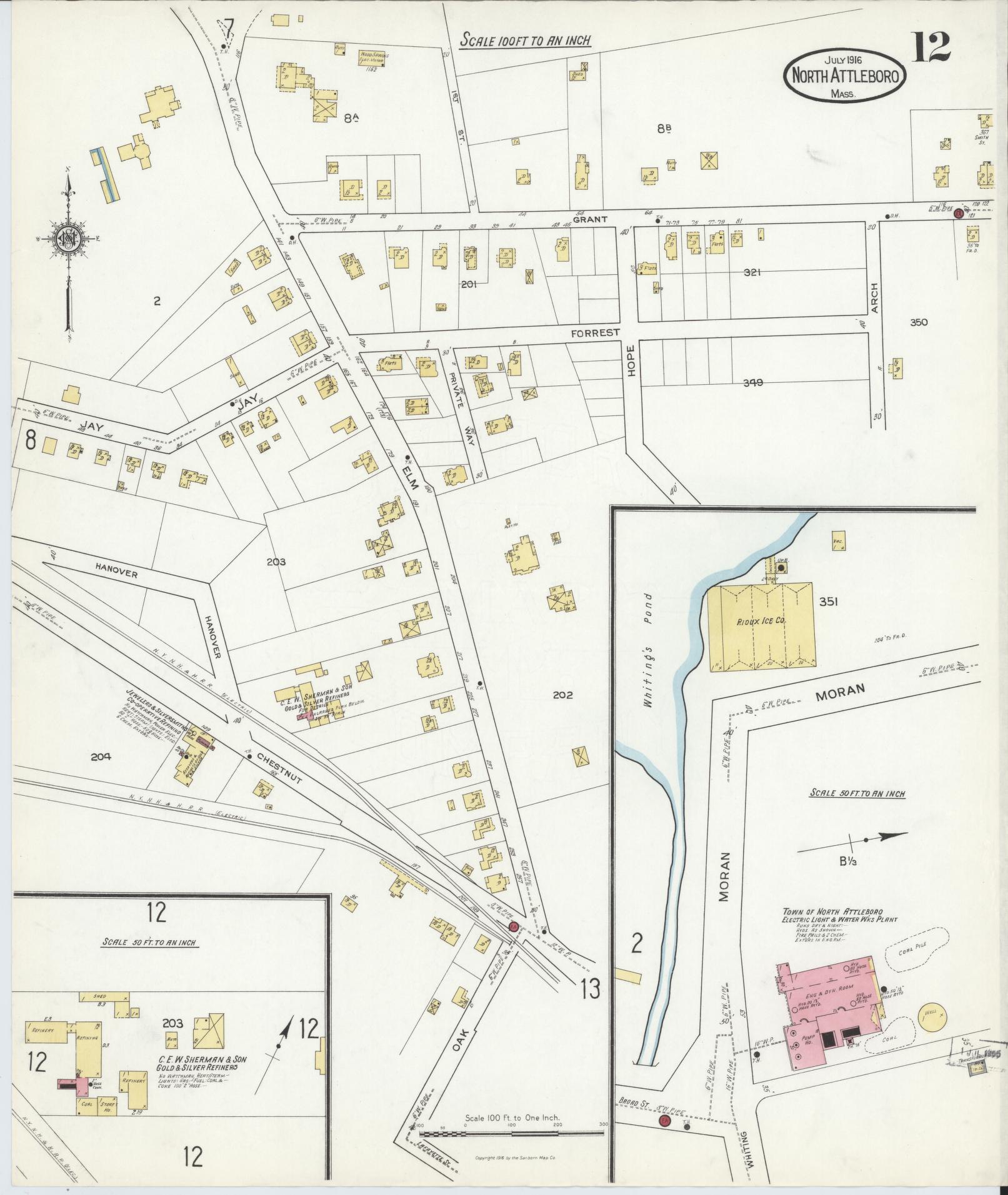 Sanborn Fire Insurance Map from North Attleborough, Bristol County, Massachusetts (1916), Sheet #0012 - Historic Sanborn Fire Insurance Map Print, vintage old map wall art, antique decor, genealogy gift, Massachusetts Massachusetts map
