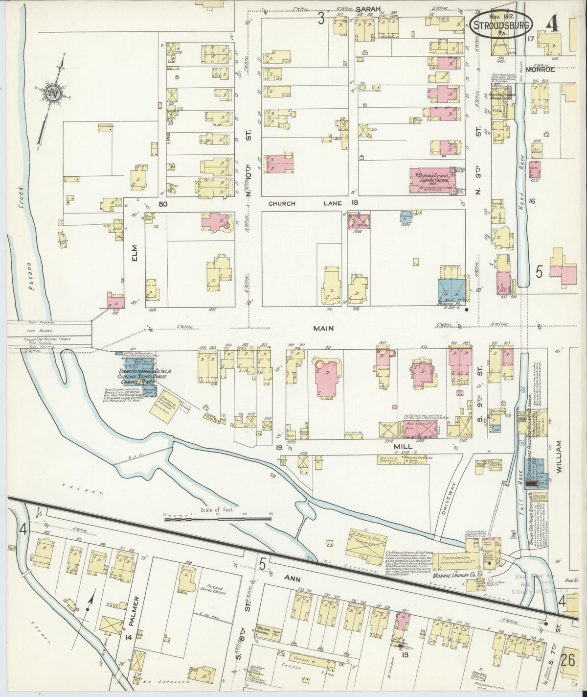 Sanborn Fire Insurance Map from Stroudsburg, Monroe County, Pennsylvania (1912), Sheet #0004 - Historic Sanborn Fire Insurance Map Print, vintage old map wall art, antique decor, genealogy gift, Pennsylvania Pennsylvania map