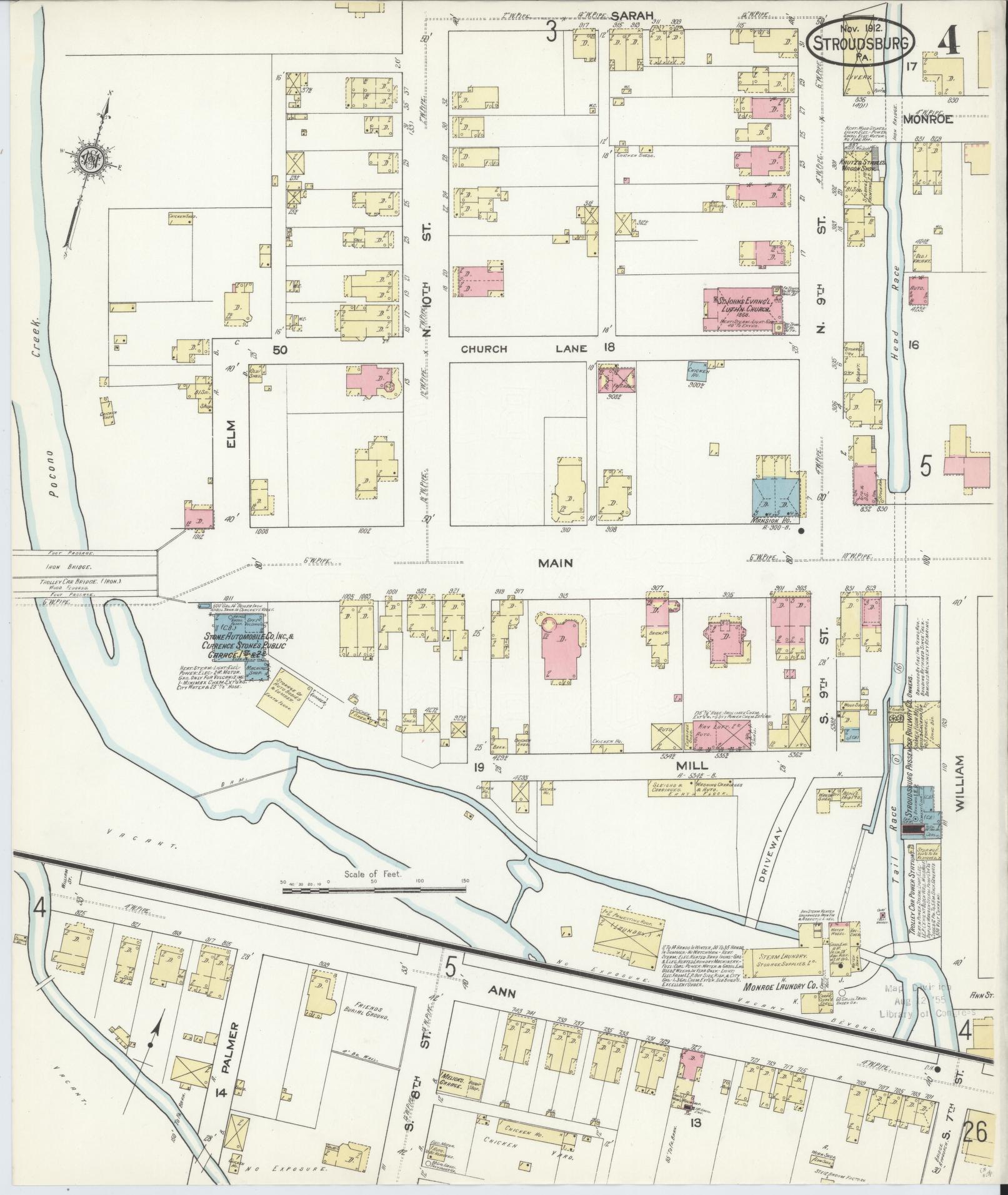 Sanborn Fire Insurance Map from Stroudsburg, Monroe County, Pennsylvania (1912), Sheet #0004 - Historic Sanborn Fire Insurance Map Print, vintage old map wall art, antique decor, genealogy gift, Pennsylvania Pennsylvania map