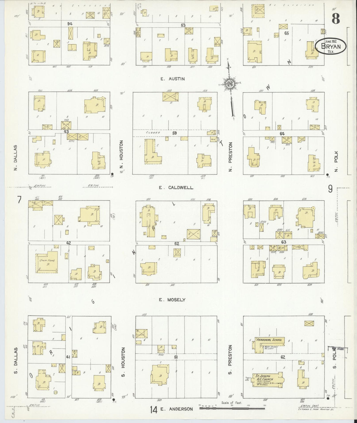 Sanborn Fire Insurance Map from Bryan, Brazos County, Texas (1912), Sheet #0008 - Complete Map Set gallery image, historic Sanborn map, vintage wall art, Texas Texas