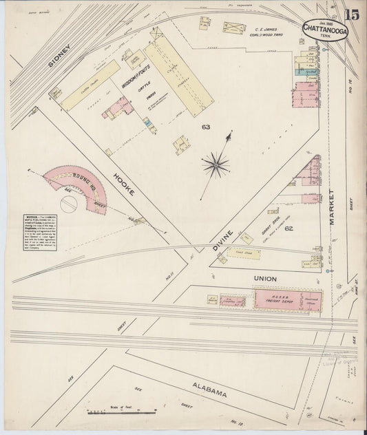 Sanborn Fire Insurance Map from Chattanooga, Hamilton County, Tennessee (1885), Sheet #0015 - Historic Sanborn Fire Insurance Map Print, vintage old map wall art, antique decor, genealogy gift, Tennessee Tennessee map