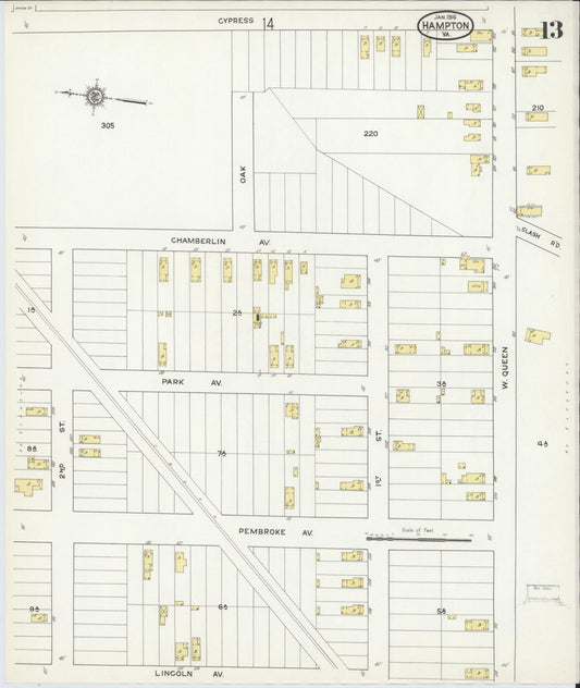 Sanborn Fire Insurance Map from Hampton, Independent Cities, Virginia (1916), Sheet #0013 - Historic Sanborn Fire Insurance Map Print, vintage old map wall art, antique decor, genealogy gift, Virginia Virginia map