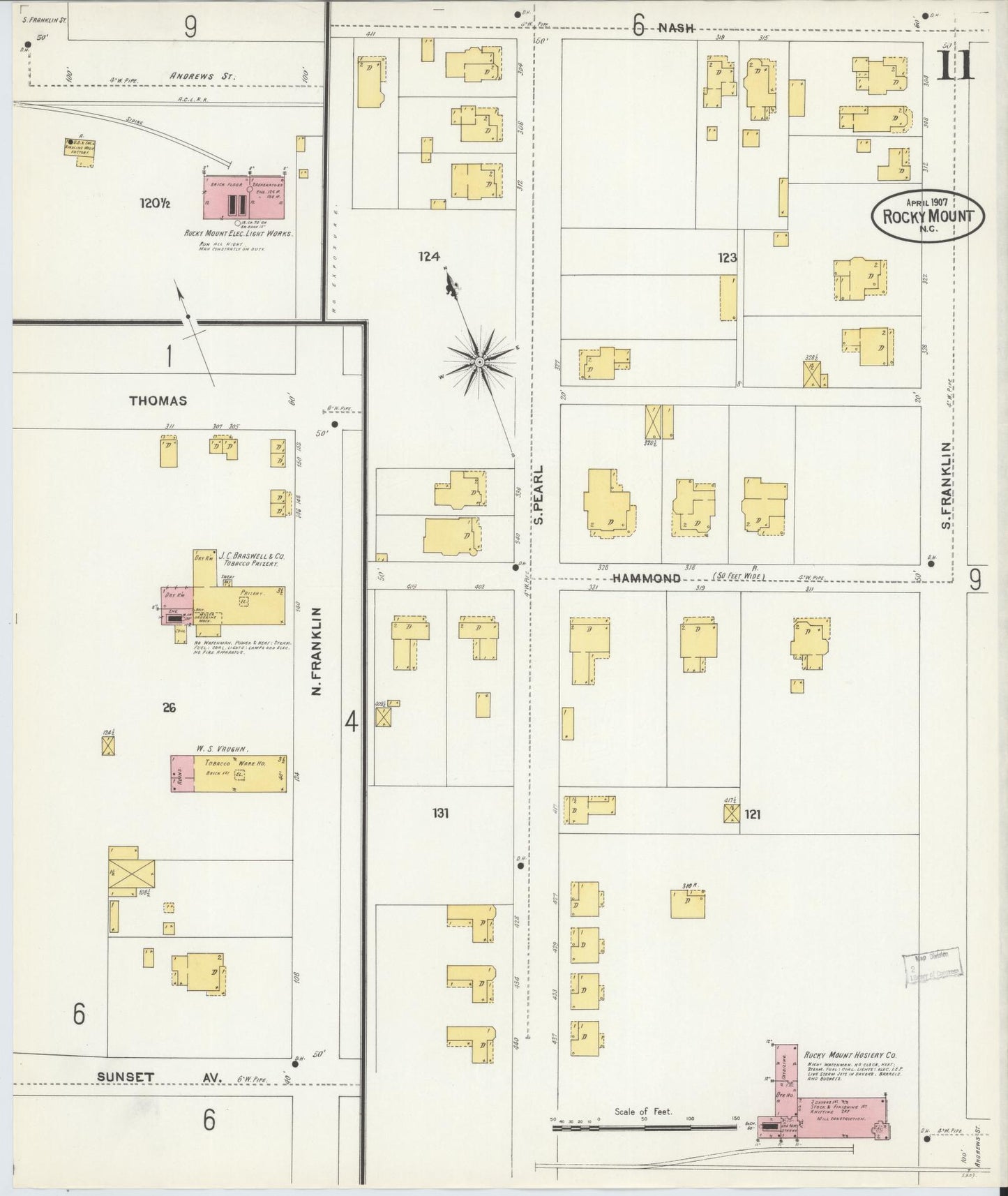 Sanborn Fire Insurance Map from Rocky Mount, Edgecombe And Nash Counties, North Carolina (1907), Sheet #0011 - Complete Map Set gallery image, historic Sanborn map, vintage wall art, North Carolina North Carolina