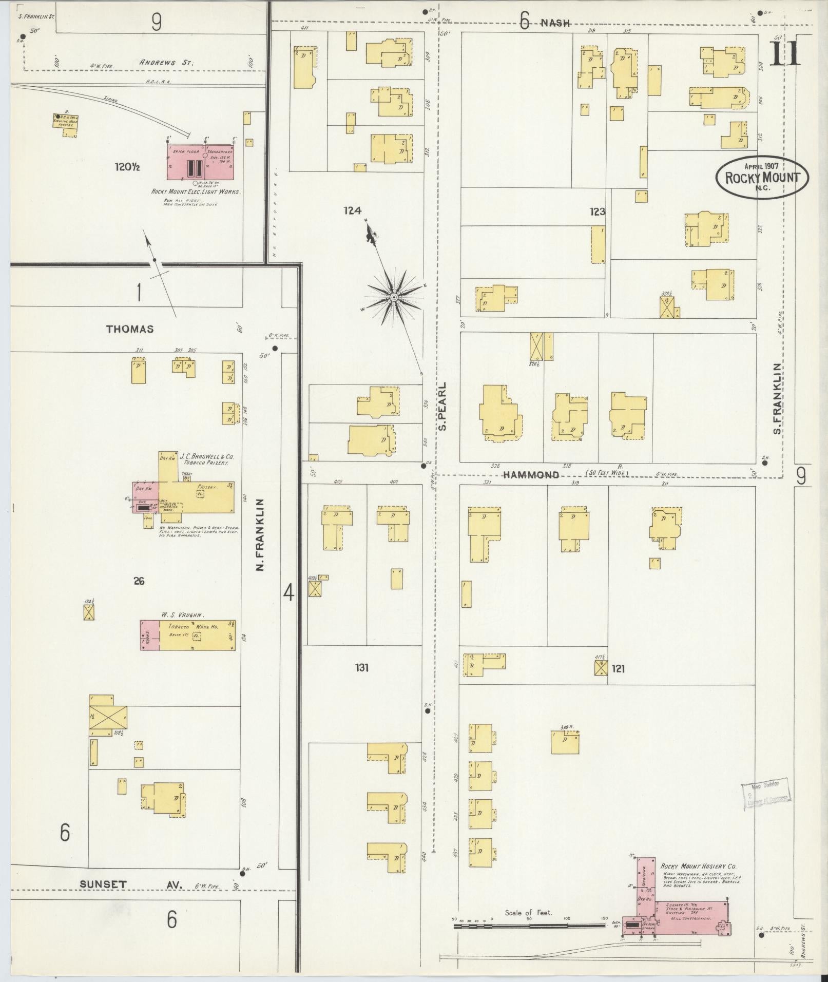 Sanborn Fire Insurance Map from Rocky Mount, Edgecombe And Nash Counties, North Carolina (1907), Sheet #0011 - Complete Map Set gallery image, historic Sanborn map, vintage wall art, North Carolina North Carolina