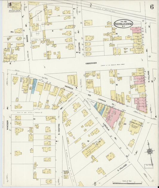 Sanborn Fire Insurance Map from Rockville Centre, Nassau County, New York (1910), Sheet #0006 - Historic Sanborn Fire Insurance Map Print, vintage old map wall art, antique decor, genealogy gift, New York New York map