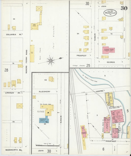 Sanborn Fire Insurance Map from Meadville, Crawford County, Pennsylvania (1905), Sheet #0030 - Historic Sanborn Fire Insurance Map Print, vintage old map wall art, antique decor, genealogy gift, Pennsylvania Pennsylvania map