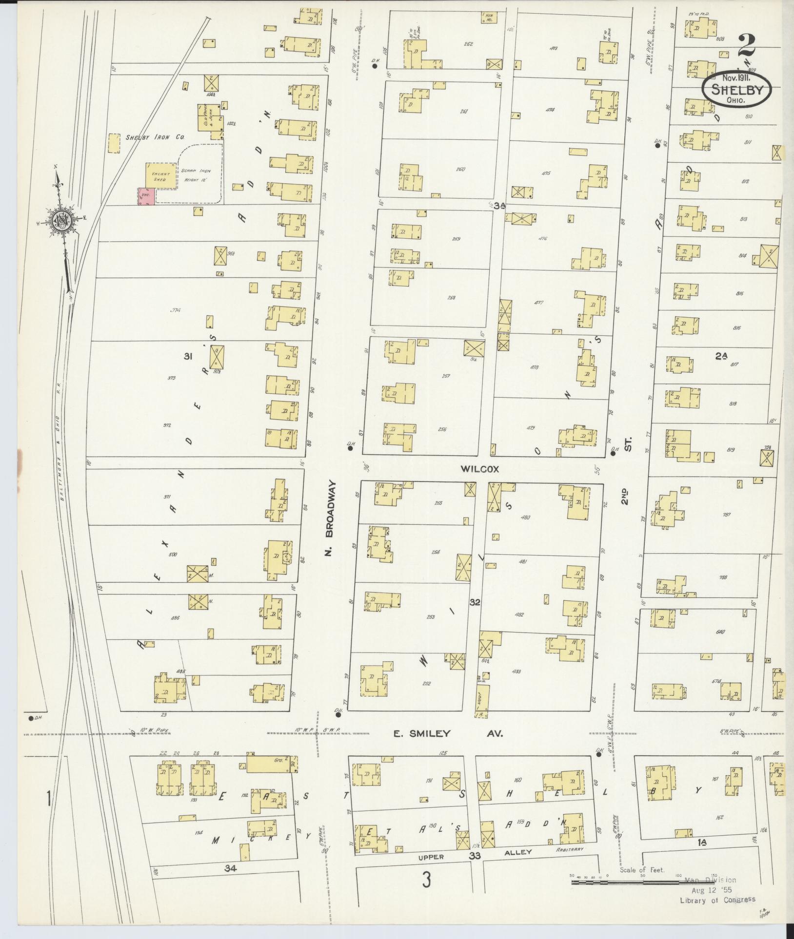 Sanborn Fire Insurance Map from Shelby, Richland County, Ohio (1911), Sheet #0002 - Complete Map Set gallery image, historic Sanborn map, vintage wall art, Ohio Ohio