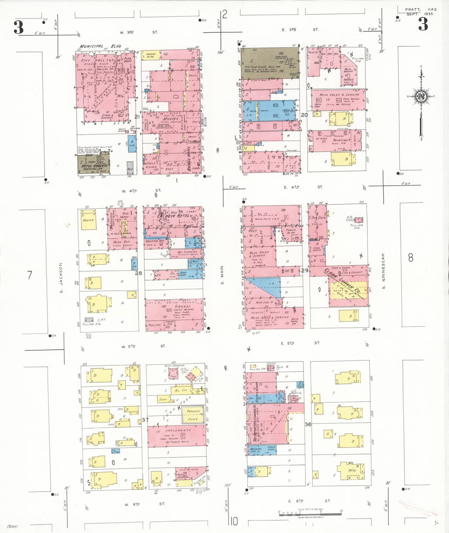 Sanborn Fire Insurance Map from Pratt, Pratt County, Kansas (1935), Sheet #0003 - Historic Sanborn Fire Insurance Map Print, vintage old map wall art, antique decor, genealogy gift, Kansas Kansas map