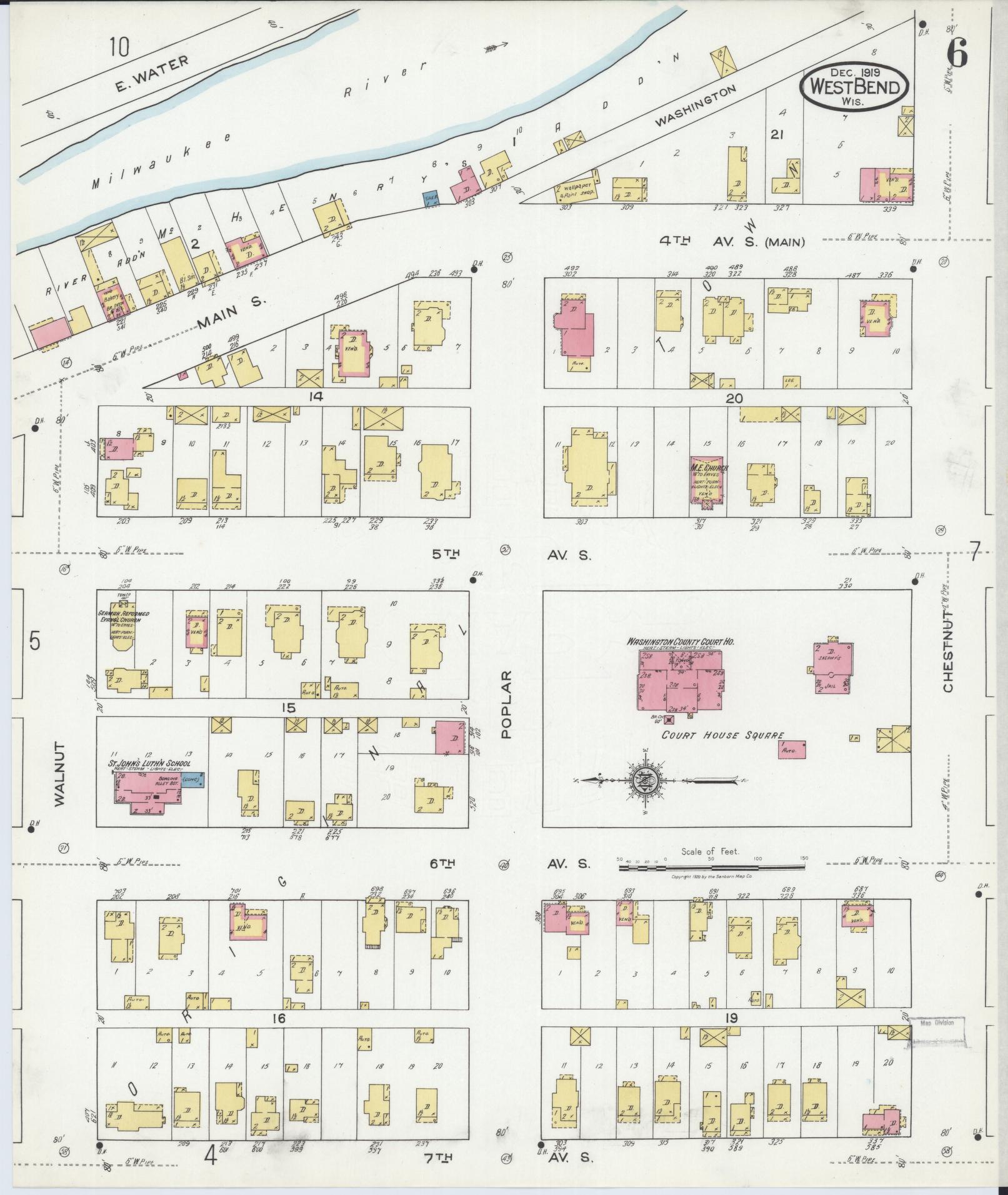 Sanborn Fire Insurance Map from West Bend, Washington County, Wisconsin (1919), Sheet #0006 - Complete Map Set gallery image, historic Sanborn map, vintage wall art, Wisconsin Wisconsin