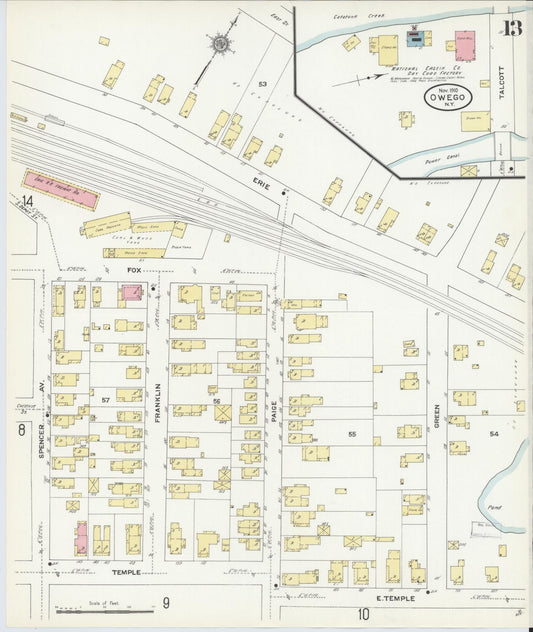 Sanborn Fire Insurance Map from Owego, Tioga County, New York (1910), Sheet #0013 - Historic Sanborn Fire Insurance Map Print, vintage old map wall art, antique decor, genealogy gift, New York New York map