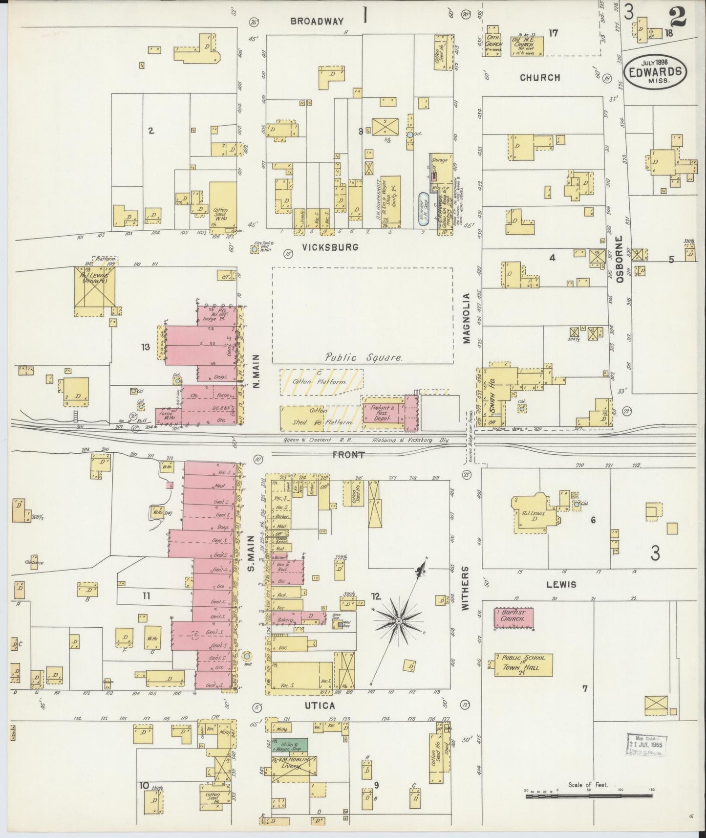Sanborn Fire Insurance Map from Edwards, Hinds County, Mississippi (1898), Sheet #0002 - Historic Sanborn Fire Insurance Map Print, vintage old map wall art, antique decor, genealogy gift, Mississippi Mississippi map