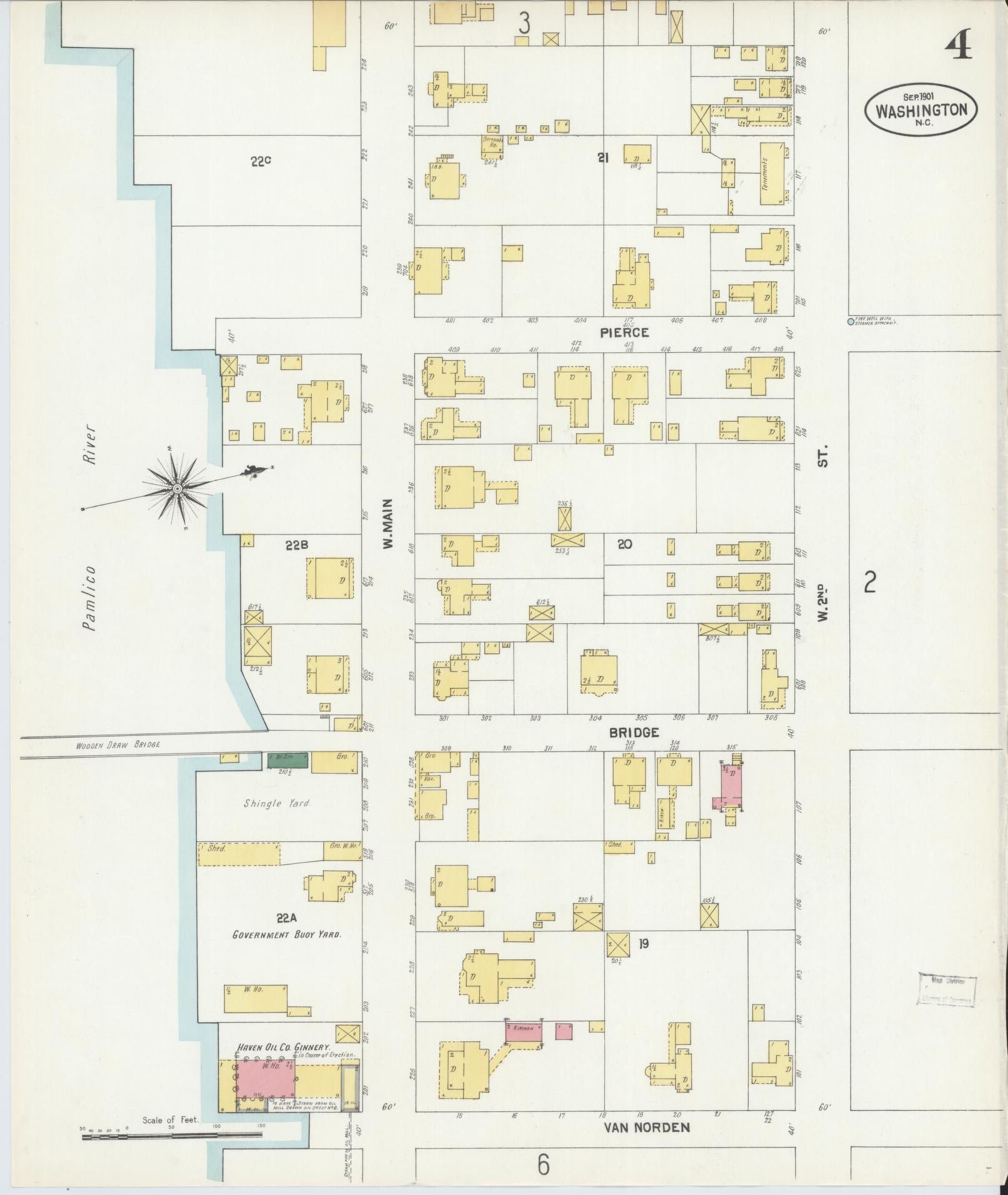 Sanborn Fire Insurance Map from Washington, Beaufort County, North Carolina (1901), Sheet #0004 - Historic Sanborn Fire Insurance Map Print, vintage old map wall art, antique decor, genealogy gift, Washington Washington map