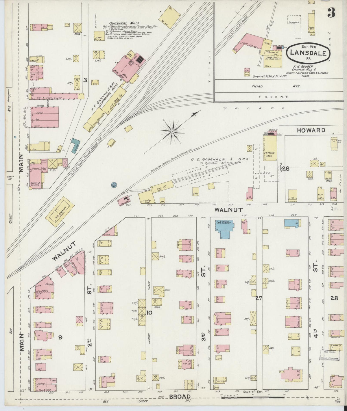 Sanborn Fire Insurance Map from Lansdale, Montgomery County, Pennsylvania (1891), Sheet #0003 - Historic Sanborn Fire Insurance Map Print, vintage old map wall art, antique decor, genealogy gift, Pennsylvania Pennsylvania map