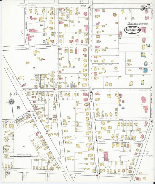 Sanborn Fire Insurance Map from Burlington, Chittenden County, Vermont (1919), Sheet #0036 - Historic Sanborn Fire Insurance Map Print, vintage old map wall art, antique decor, genealogy gift, Vermont Vermont map