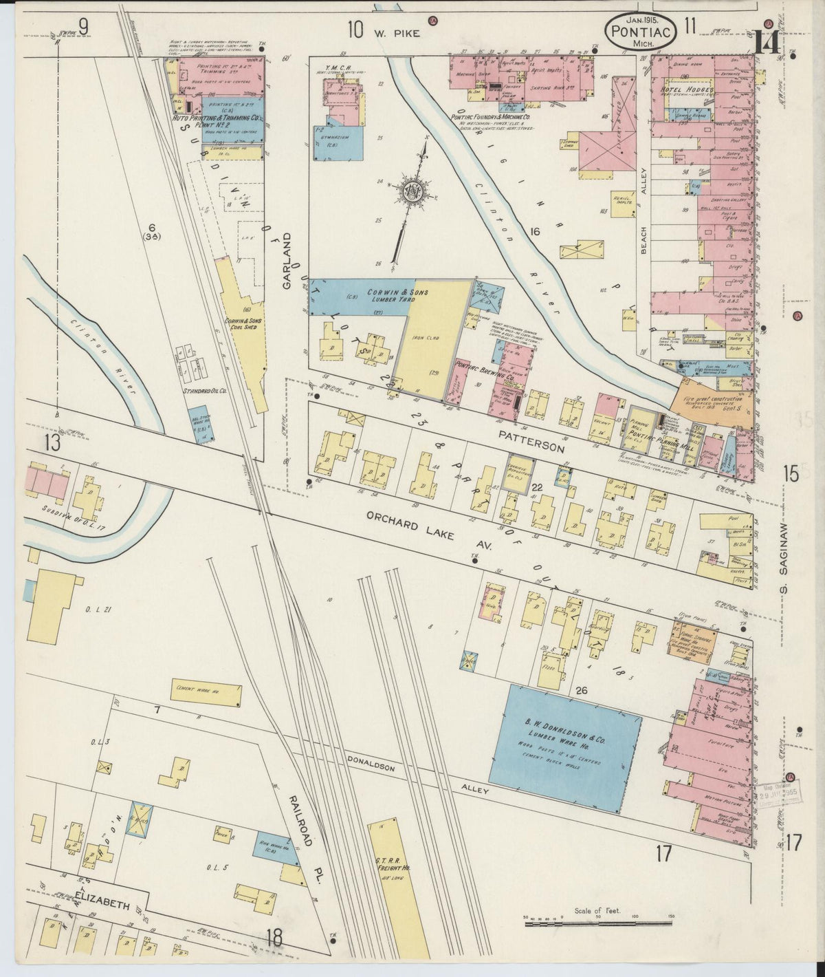 Sanborn Fire Insurance Map from Pontiac, Oakland County, Michigan (1915), Sheet #0014 - Historic Sanborn Fire Insurance Map Print, vintage old map wall art, antique decor, genealogy gift, Michigan Michigan map
