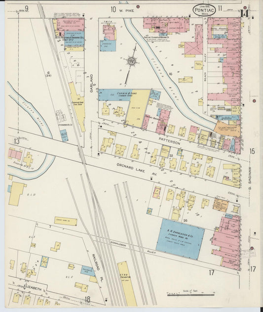 Sanborn Fire Insurance Map from Pontiac, Oakland County, Michigan (1915), Sheet #0014 - Historic Sanborn Fire Insurance Map Print, vintage old map wall art, antique decor, genealogy gift, Michigan Michigan map