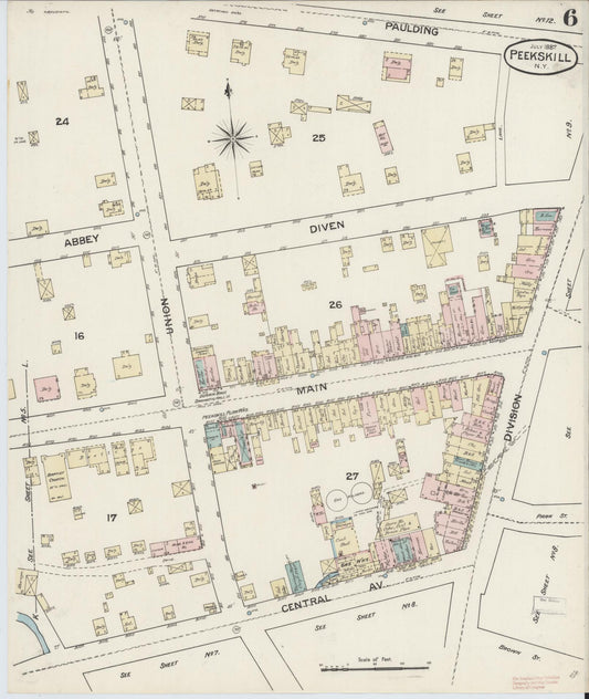 Sanborn Fire Insurance Map from Peekskill, Westchester County, New York (1887), Sheet #0006 - Historic Sanborn Fire Insurance Map Print, vintage old map wall art, antique decor, genealogy gift, New York New York map