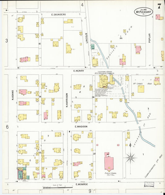 Sanborn Fire Insurance Map from Mount Pleasant, Henry County, Iowa (1899), Sheet #0007 - Historic Sanborn Fire Insurance Map Print, vintage old map wall art