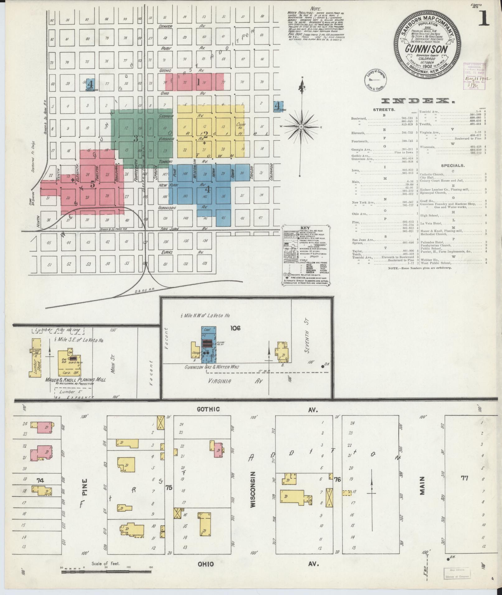 Sanborn Fire Insurance Map from Gunnison, Gunnison County, Colorado (1902), Sheet #0001 - Historic Sanborn Fire Insurance Map Print, vintage old map wall art, antique decor, genealogy gift, Colorado Colorado map