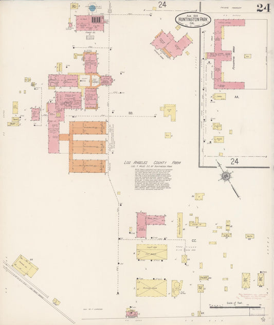Sanborn Fire Insurance Map from Huntington Park, Los Angeles County, California (1916), Sheet #0024 - Historic Sanborn Fire Insurance Map Print, vintage old map wall art, antique decor, genealogy gift, California California map
