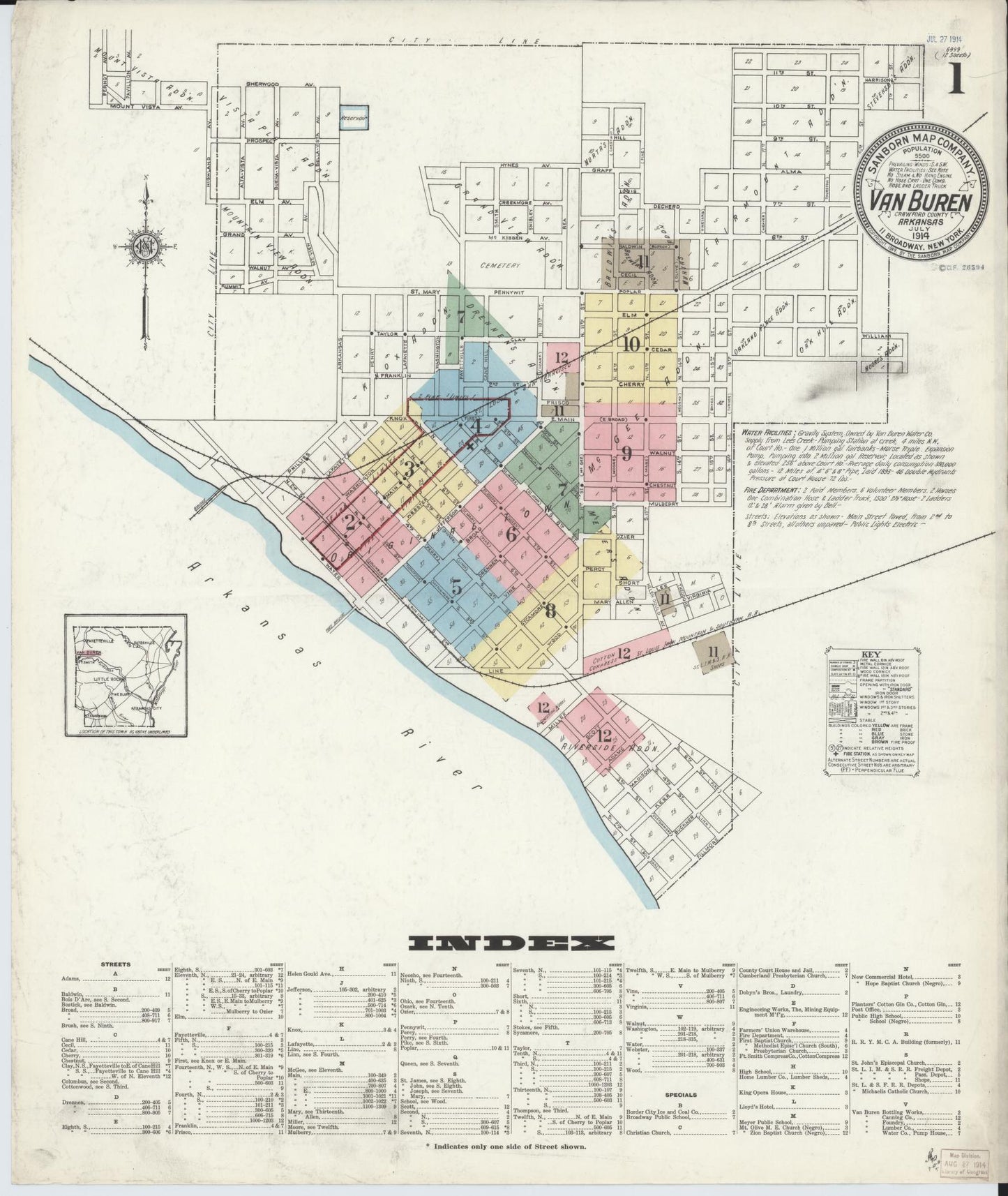 Sanborn Fire Insurance Map from Van Buren, Crawford County, Arkansas (1914), Sheet #0001 - Complete Map Set gallery image, historic Sanborn map, vintage wall art, Arkansas Arkansas