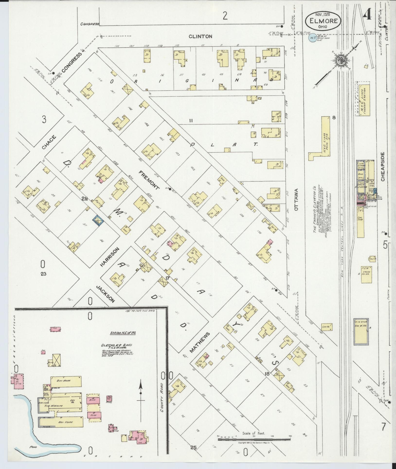 Sanborn Fire Insurance Map from Elmore, Ottawa County, Ohio (1920), Sheet #0004 - Historic Sanborn Fire Insurance Map Print, vintage old map wall art, antique decor, genealogy gift, Ohio Ohio map