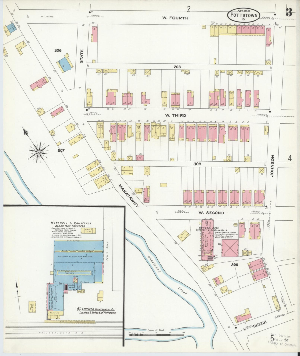 Sanborn Fire Insurance Map from Pottstown, Montgomery County, Pennsylvania (1909), Sheet #0003 - Complete Map Set gallery image, historic Sanborn map, vintage wall art, Pennsylvania Pennsylvania