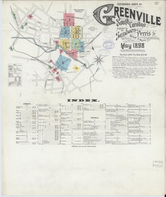Sanborn Fire Insurance Map from Greenville, Greenville County, South Carolina (1898), Sheet #0001 - Historic Sanborn Fire Insurance Map Print, vintage old map wall art, antique decor, genealogy gift, South Carolina South Carolina map