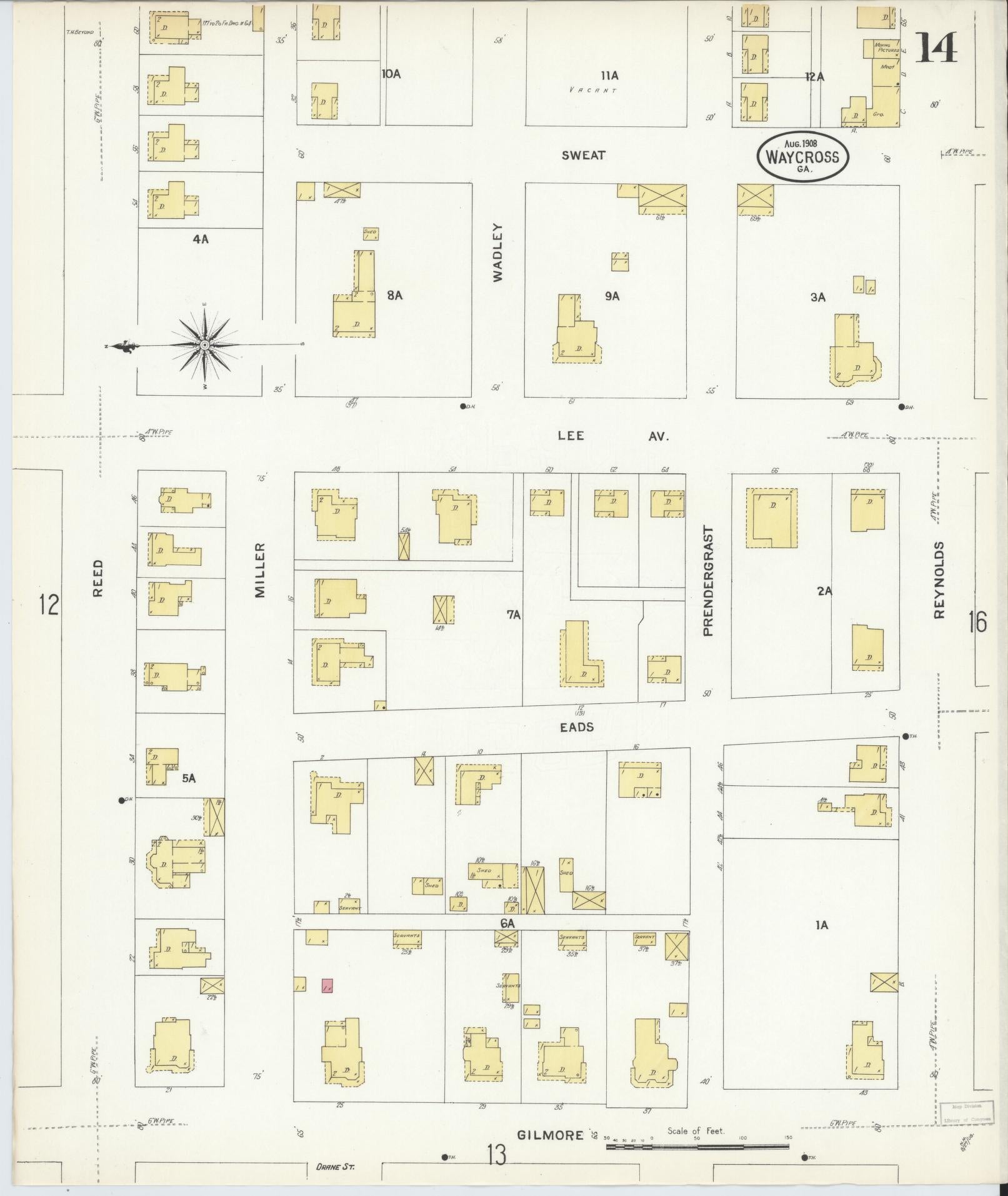 Sanborn Fire Insurance Map from Waycross, Ware County, Georgia (1908), Sheet #0014 - Complete Map Set gallery image, historic Sanborn map, vintage wall art, Georgia Georgia