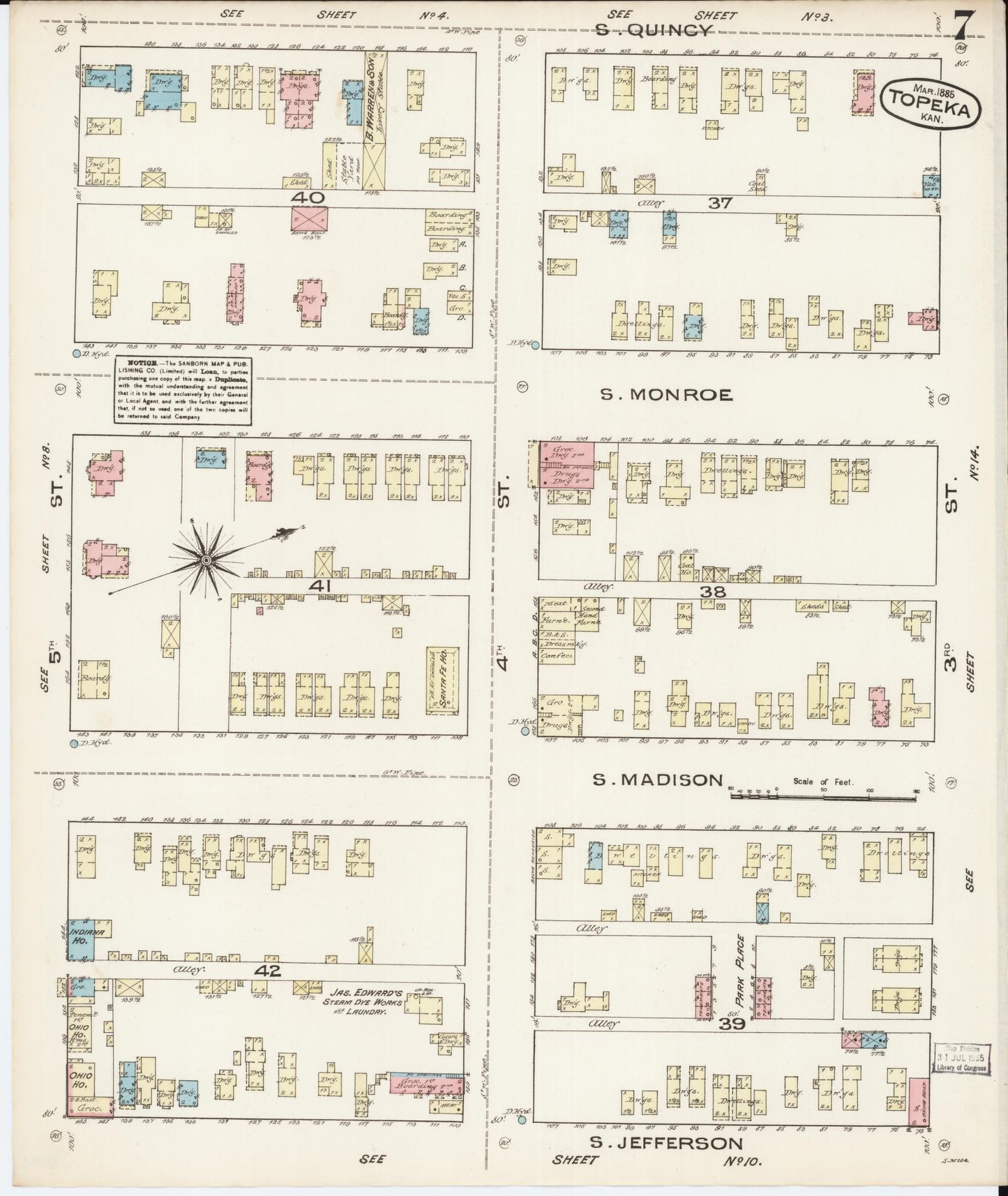 Sanborn Fire Insurance Map from Topeka, Shawnee County, Kansas (1885), Sheet #0007 - Historic Sanborn Fire Insurance Map Print, vintage old map wall art, antique decor, genealogy gift, Kansas Kansas map