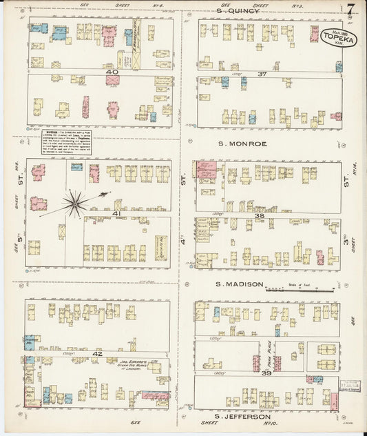 Sanborn Fire Insurance Map from Topeka, Shawnee County, Kansas (1885), Sheet #0007 - Historic Sanborn Fire Insurance Map Print, vintage old map wall art, antique decor, genealogy gift, Kansas Kansas map