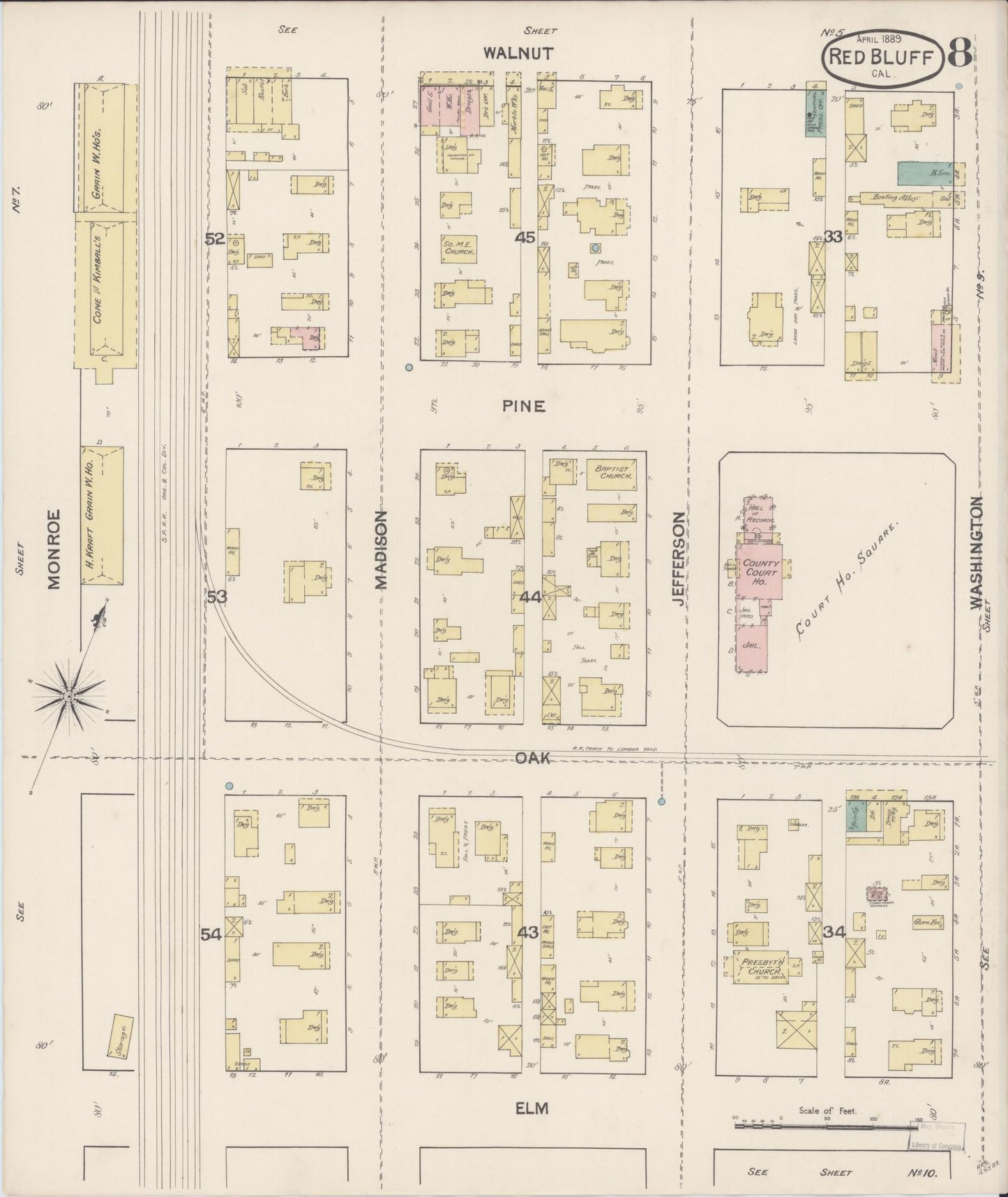 Sanborn Fire Insurance Map from Red Bluff, Tehama County, California (1889), Sheet #0008 - Complete Map Set gallery image, historic Sanborn map, vintage wall art, California California