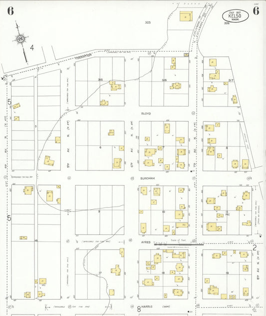 Sanborn Fire Insurance Map from Kelso, Cowlitz County, Washington (1927), Sheet #0006 - Historic Sanborn Fire Insurance Map Print, vintage old map wall art, antique decor, genealogy gift, Washington Washington map
