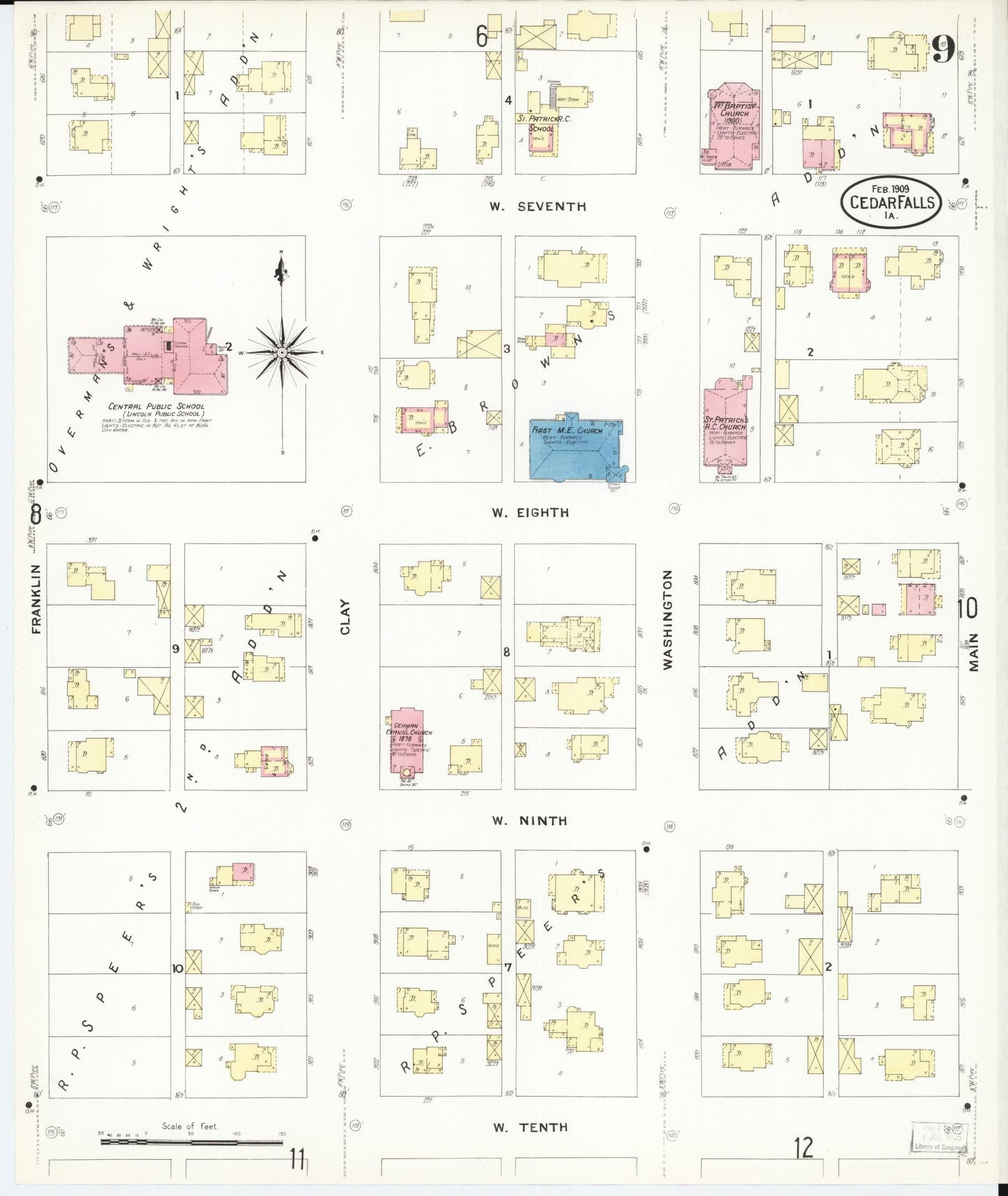 Sanborn Fire Insurance Map from Cedar Falls, Black Hawk County, Iowa (1909), Sheet #0009 - Historic Sanborn Fire Insurance Map Print, vintage old map wall art
