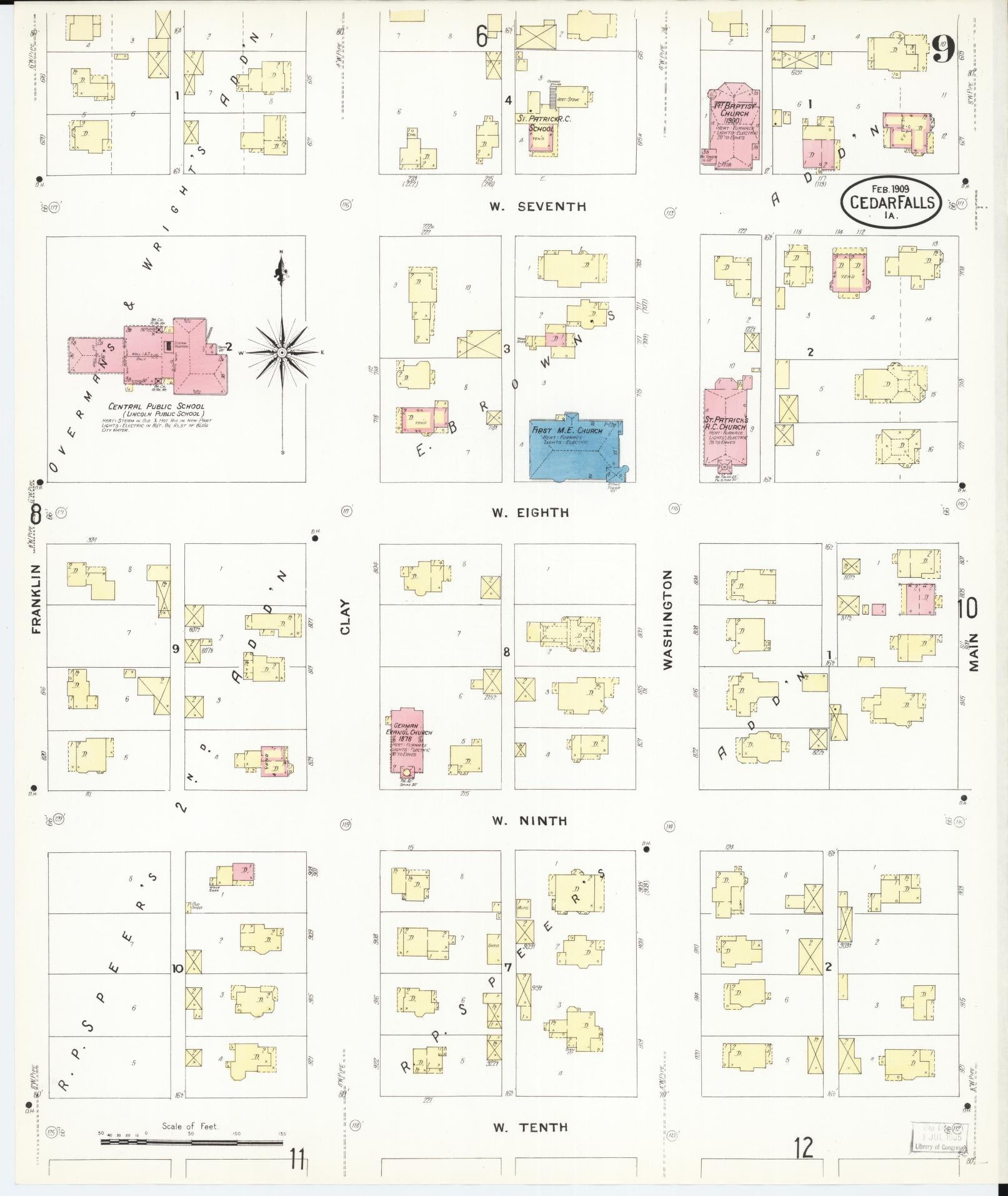 Sanborn Fire Insurance Map from Cedar Falls, Black Hawk County, Iowa (1909), Sheet #0009 - Historic Sanborn Fire Insurance Map Print, vintage old map wall art