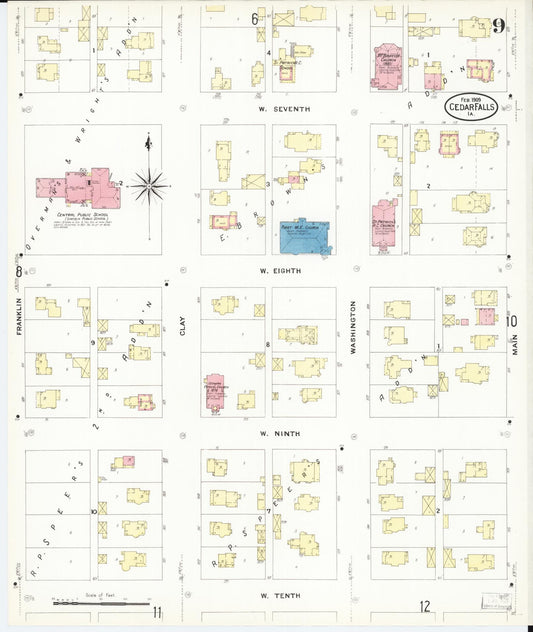 Sanborn Fire Insurance Map from Cedar Falls, Black Hawk County, Iowa (1909), Sheet #0009 - Historic Sanborn Fire Insurance Map Print, vintage old map wall art