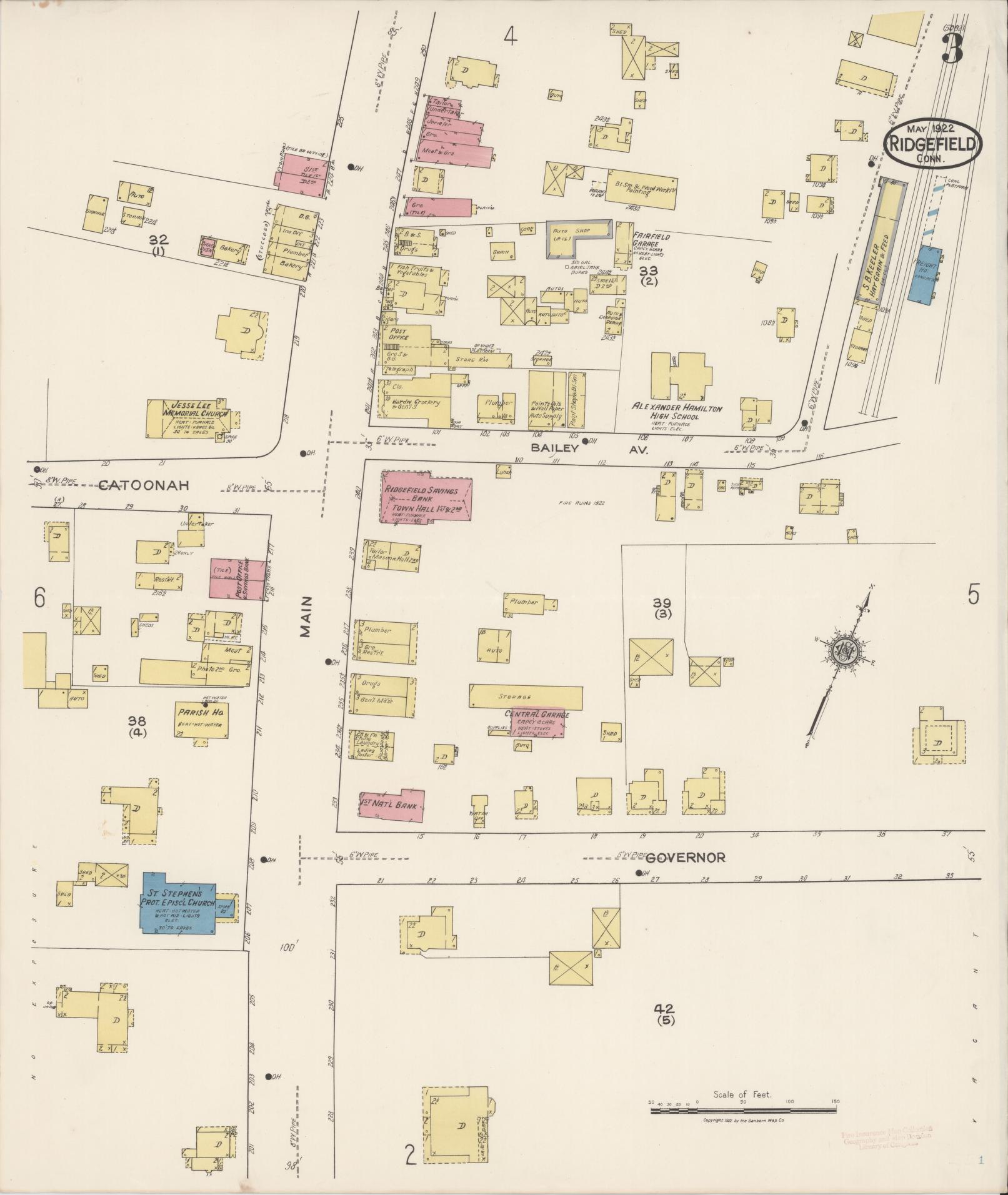 Sanborn Fire Insurance Map from Ridgefield, Fairfield County, Connecticut (1922), Sheet #0003 - Complete Map Set gallery image, historic Sanborn map, vintage wall art, Connecticut Connecticut