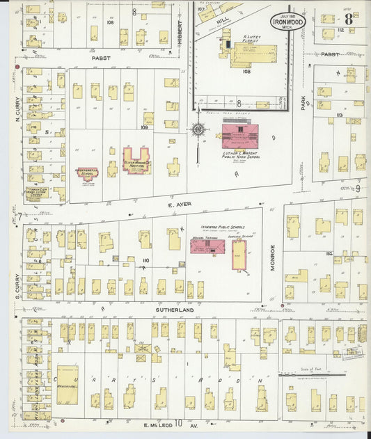 Sanborn Fire Insurance Map from Ironwood, Gogebic County, Michigan (1921), Sheet #0008 - Historic Sanborn Fire Insurance Map Print, vintage old map wall art, antique decor, genealogy gift, Michigan Michigan map