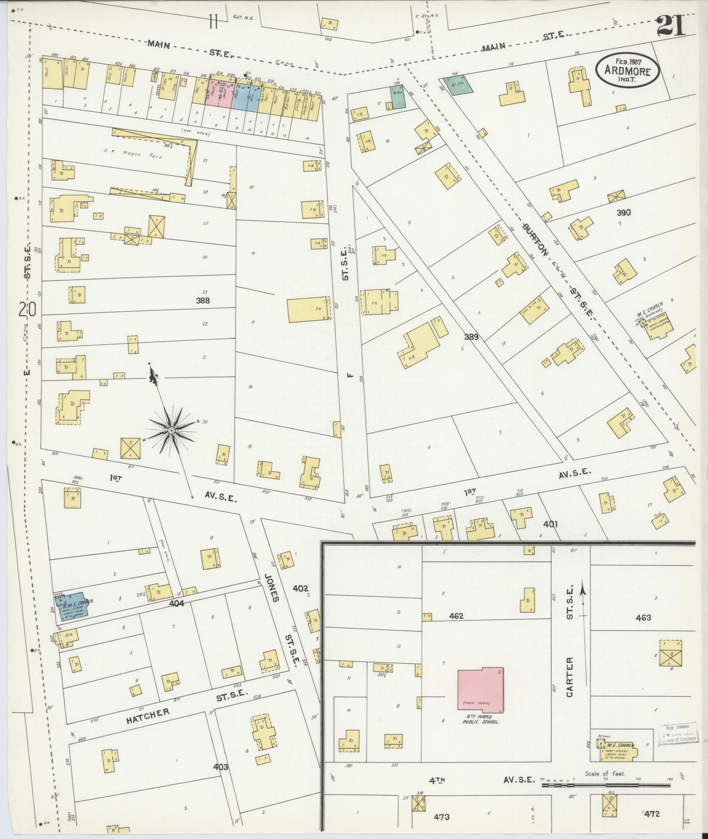 Sanborn Fire Insurance Map from Ardmore, Carter County, Oklahoma (1907), Sheet #0021 - Complete Map Set gallery image, historic Sanborn map, vintage wall art, Oklahoma Oklahoma