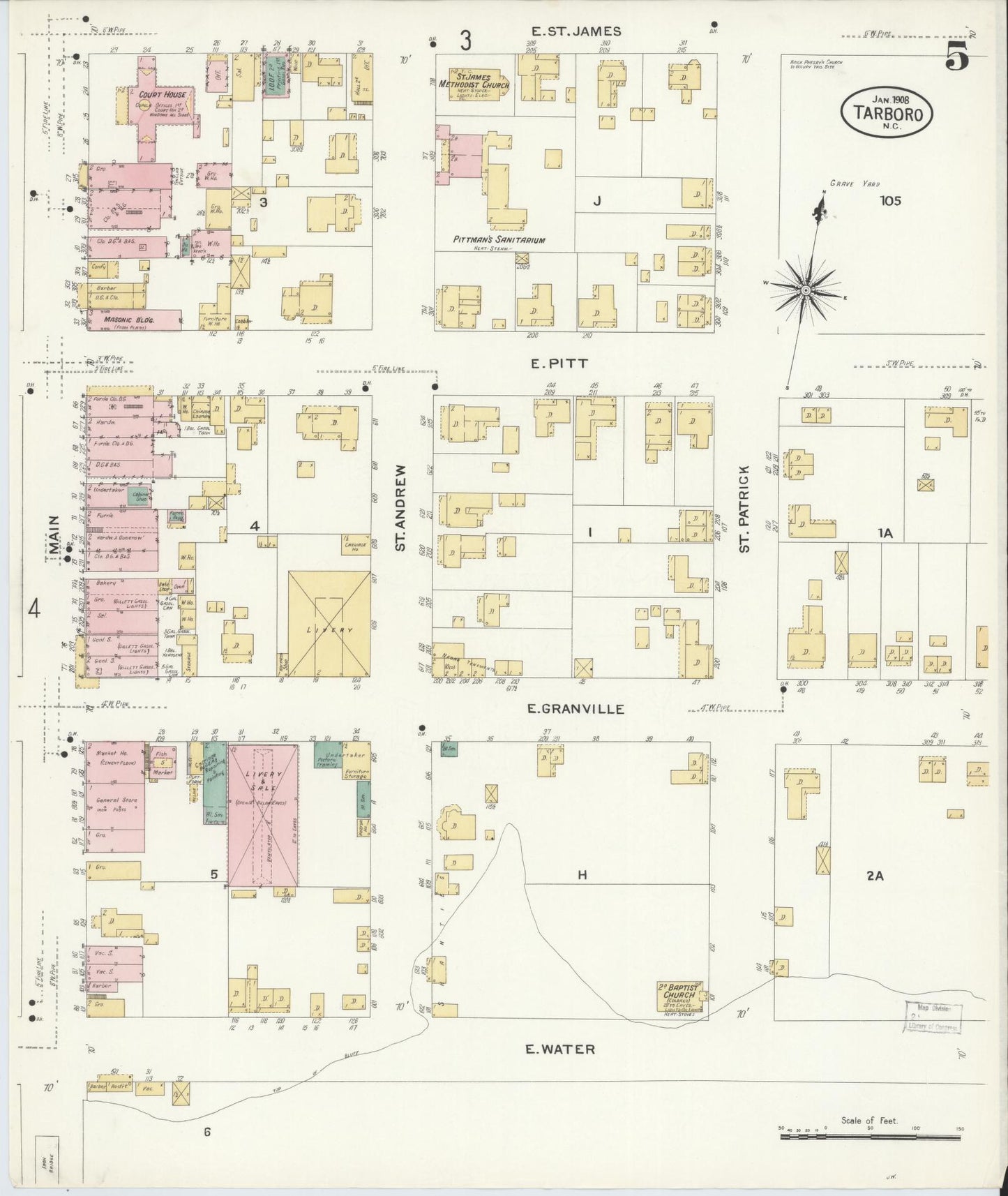 Sanborn Fire Insurance Map from Tarboro, Edgecombe County, North Carolina (1908), Sheet #0005 - Historic Sanborn Fire Insurance Map Print, vintage old map wall art, antique decor, genealogy gift, North Carolina North Carolina map