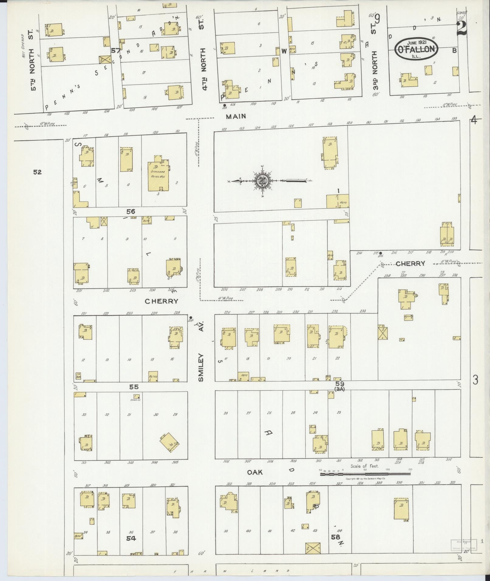 Sanborn Fire Insurance Map from O'Fallon, Saint Clair County, Illinois (1921), Sheet #0002 - Complete Map Set gallery image, historic Sanborn map, vintage wall art, Illinois Illinois