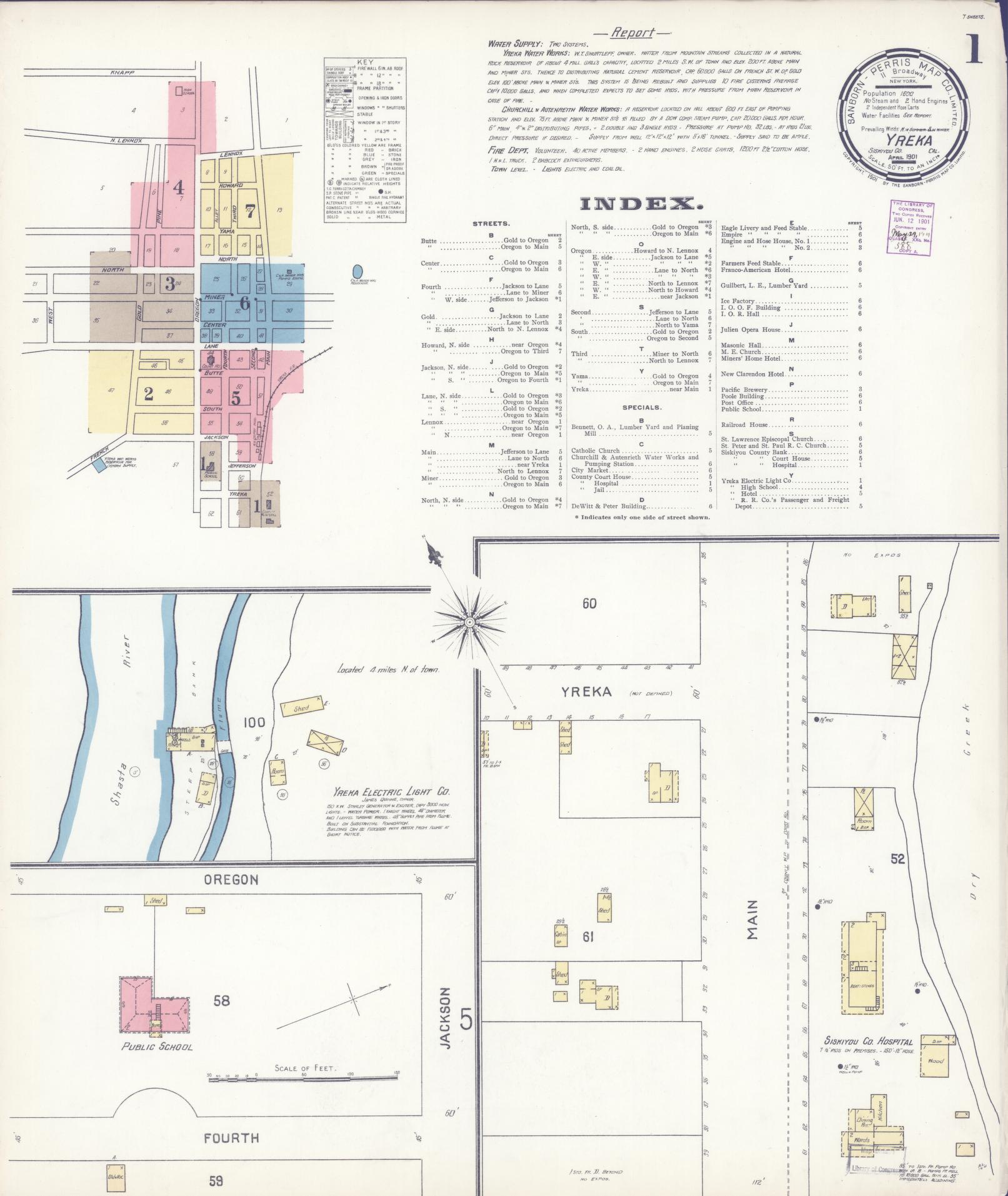 Sanborn Fire Insurance Map from Yreka, Siskiyou County, California (1901), Sheet #0001 - Complete Map Set gallery image, historic Sanborn map, vintage wall art, California California