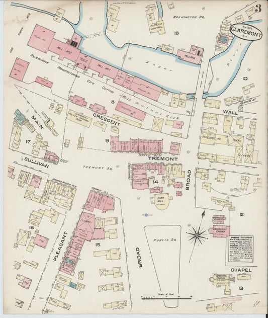 Sanborn Fire Insurance Map from Claremont, Sullivan County, New Hampshire (1884), Sheet #0003 - Historic Sanborn Fire Insurance Map Print, vintage old map wall art, antique decor, genealogy gift, New Hampshire New Hampshire map